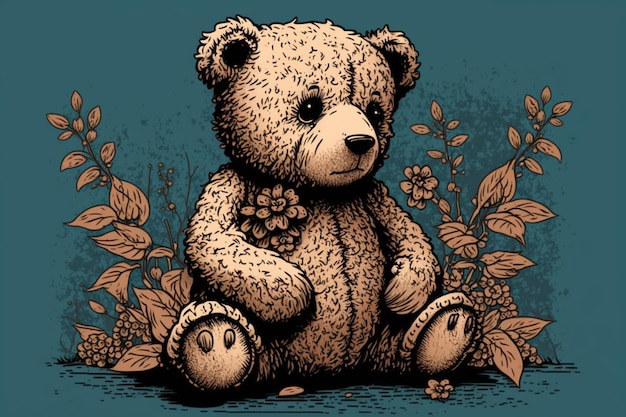 A bear sitting on a flowery background