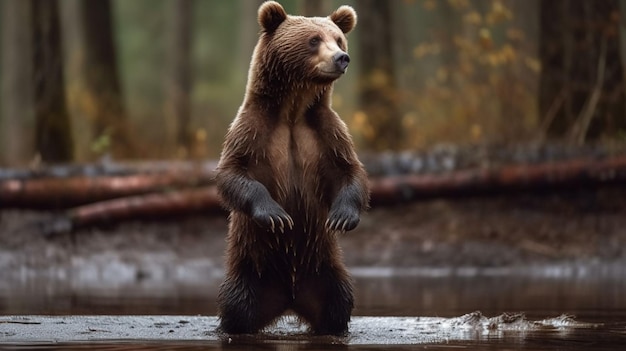 A bear standing on its hind legs in a forest.