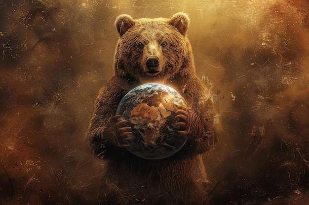 Photo a bear standing proud holding a large planet earth