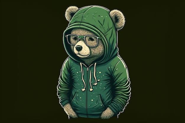 The bear stands dressed in a green sweater with a hood and jeans