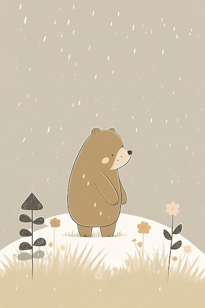 A bear stands in the snow with flowers on it.