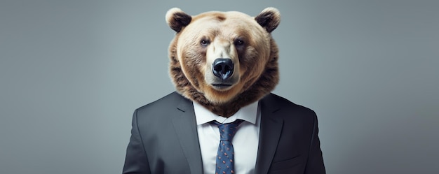 Photo bear in suit against grey background