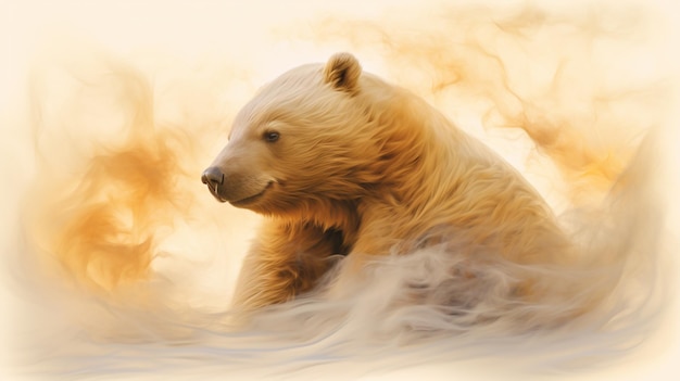 Bear surrounded by a cloud of cream smoke exuding a sense of tranquility and wonder