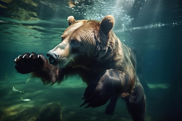 A bear swimming in the water with the sun shining on it.