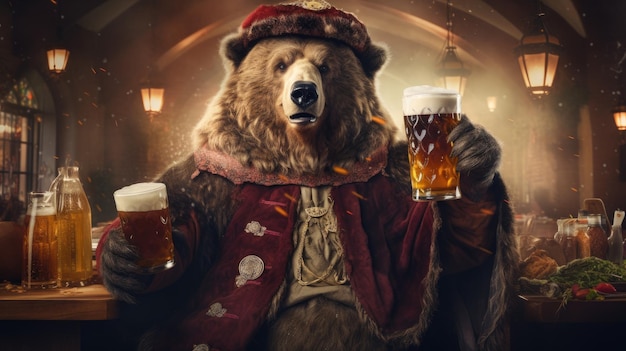 Bear in traditional Bavarian costume holding a beer stein for Oktoberfest celebration Generative AI