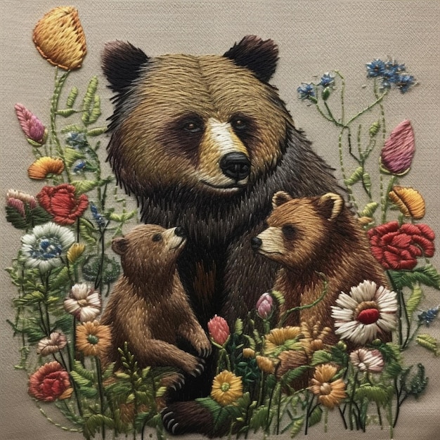 A bear and two cubs are in a field of flowers.