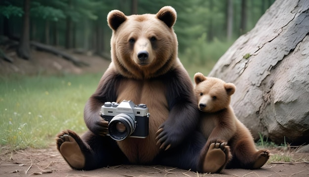 a bear and two cubs are sitting on a log and one of them is holding a camera