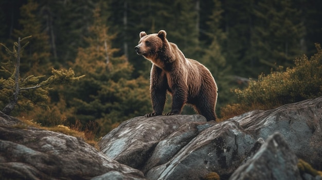 A bear walking on rocks in the mountains