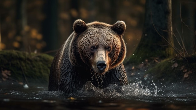 A bear in the water with a background of trees