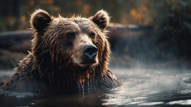 A bear in the water with a leafy background