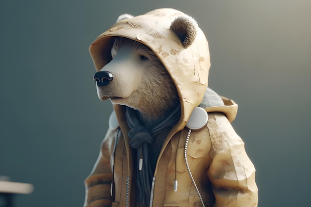 A bear wearing a jacket that says'bear'on it