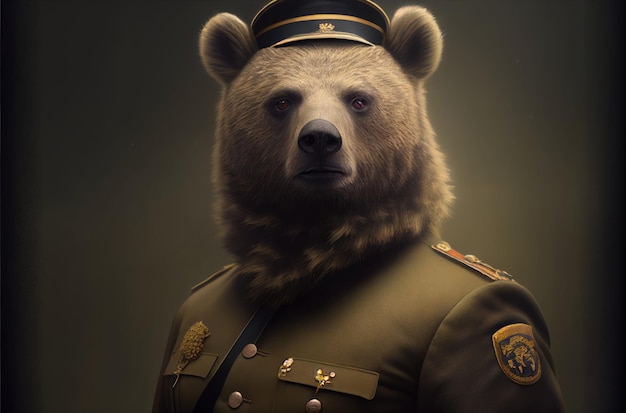 A bear wearing a military uniform with the number 2 on it