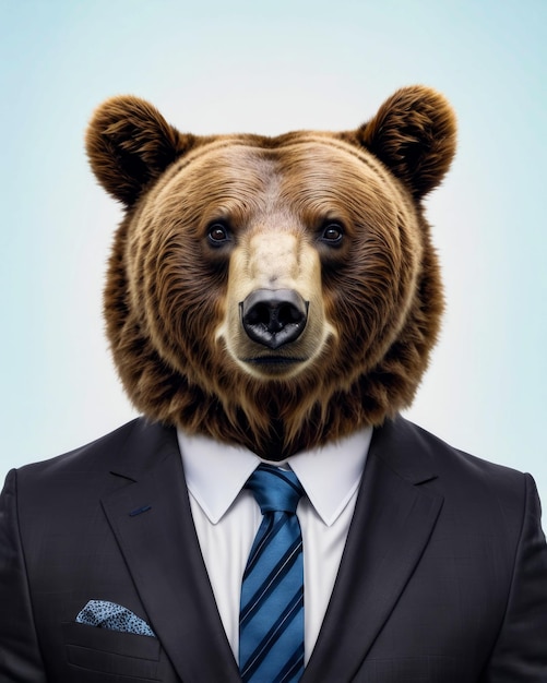 Bear wearing suit and tie with blue stripes