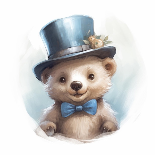 A bear wearing a top hat and a blue bow tie is standing in a white background.