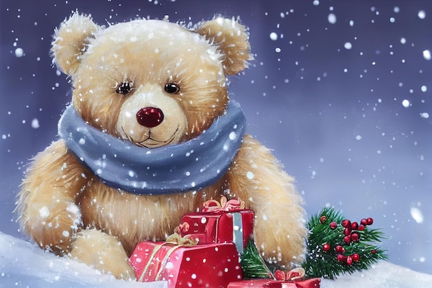 Bear in the winter forest christmas background