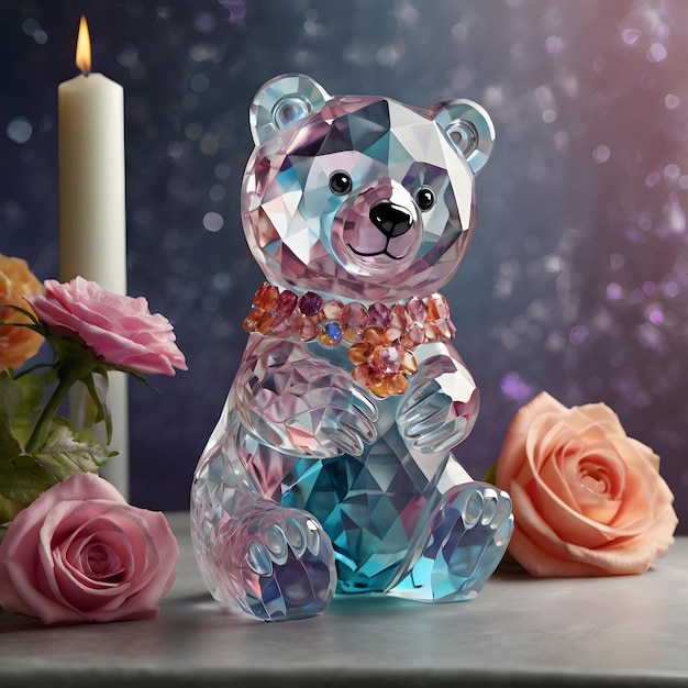 a bear with a bow sits next to a candle and a candle