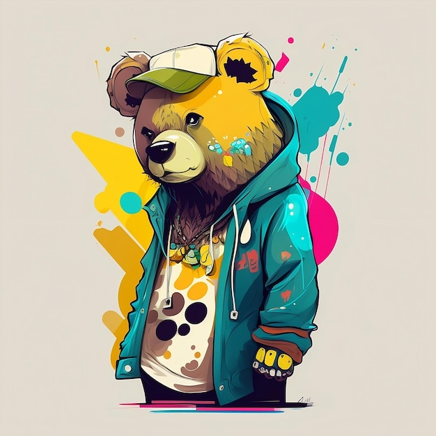 A bear with a cap and a shirt