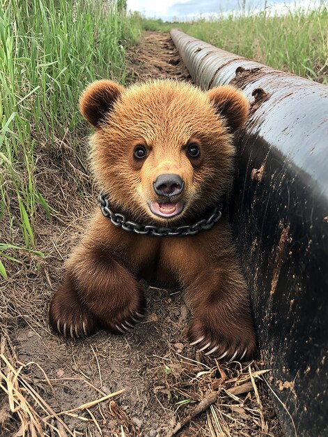 a bear with a chain around its neck is sitting on the ground