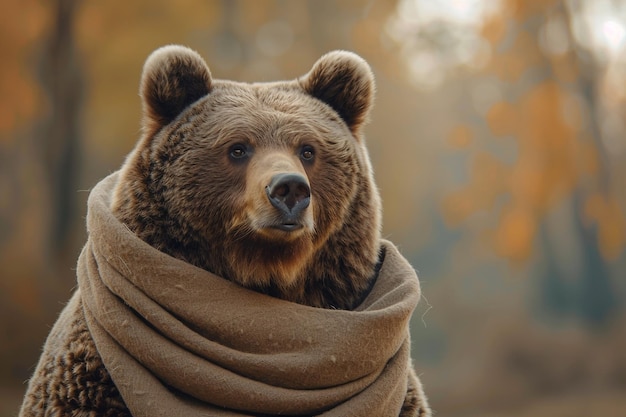 Photo bear with a cozy scarf and a soft beige portrait of cheerful animal background