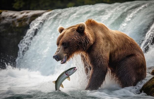 A bear with a fish in his mouth