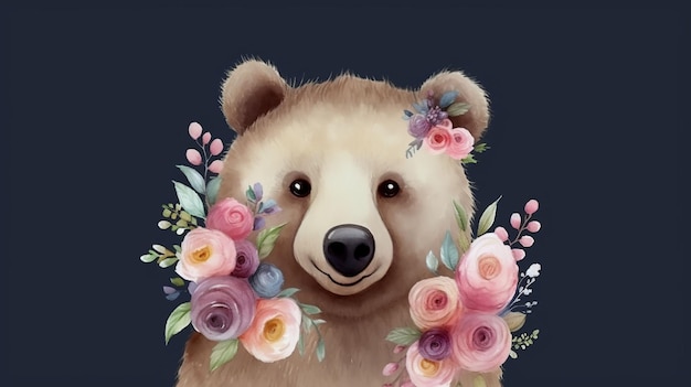 A bear with flowers on his head