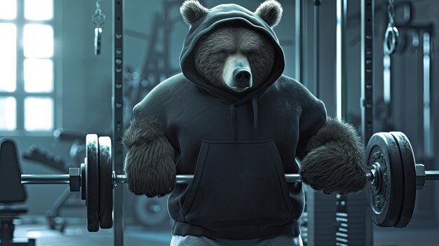 Photo a bear with fur and brown eyes dons a black hoodie and grey shorts showcasing strength and determination while lifting heavy weights in the gym enveloped in an atmosphere of motivation