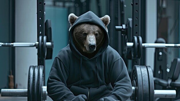 Photo a bear with fur and brown eyes dons a black hoodie and grey shorts showcasing strength and determination while lifting heavy weights in the gym enveloped in an atmosphere of motivation