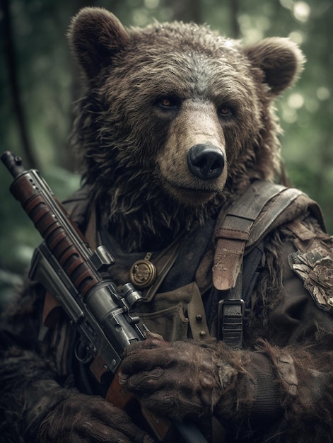 A bear with a gun in his hands