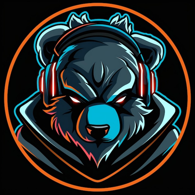 Photo a bear with headphones on and a neon orange circle