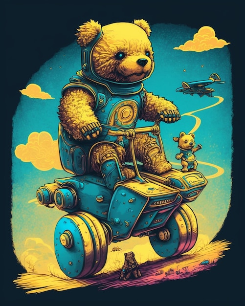 A bear with a helmet on is riding a toy car.