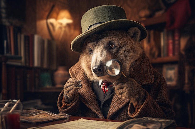 A bear with a magnifying glass looks at a newspaper.