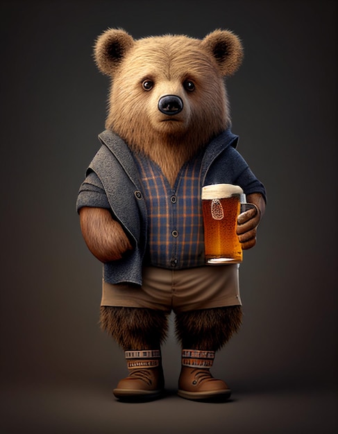 A bear with a mug of beer is standing in front of a dark background.