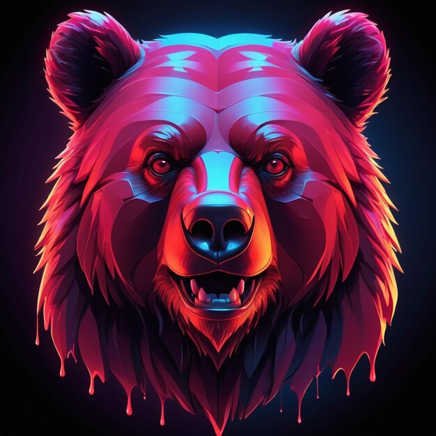 a bear with a red face and a blue background with a blue and purple and red and blue design