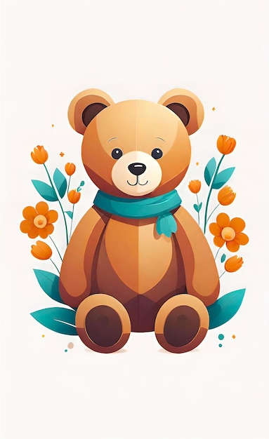 a bear with a scarf around its neck is sitting in a flower bed