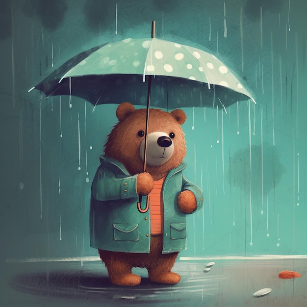 A bear with an umbrella in the rain