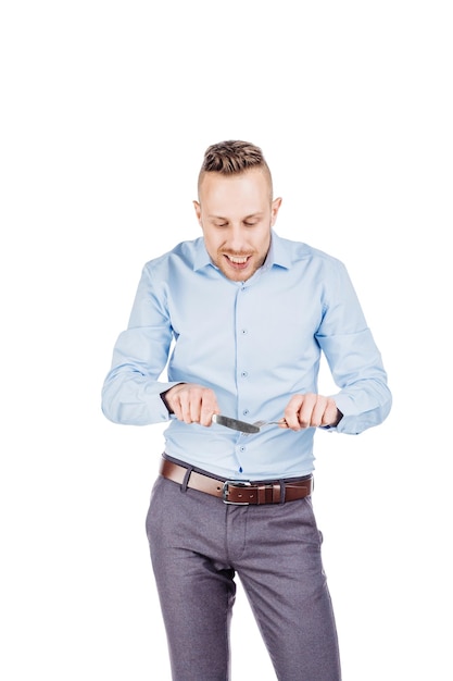 Beard man holding cutlery fork and knife on hand diet food healthy style concept isolated on a white studio background