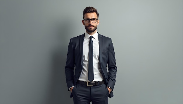 bearded businessman in glasses standing with hands in pockets on grey