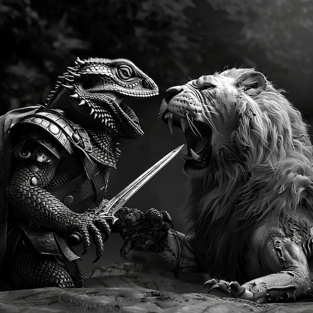 Bearded dragon dressed like a gladiator and ready to battle a realistic looking lion