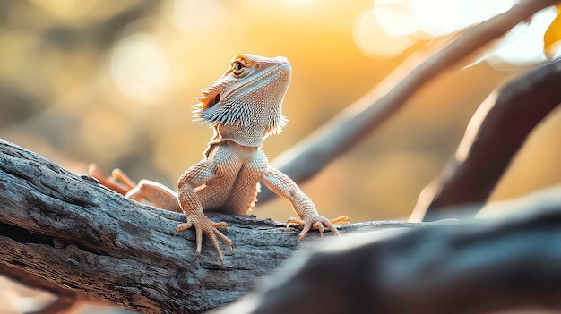 A bearded dragon lizard perches on a weathered branch basking in the golden sunlight Its scales shimmer and its eyes are fixed on something out of frame