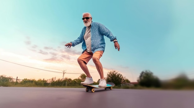 Bearded elderly man Riding skateboard Old man is riding a skateboard