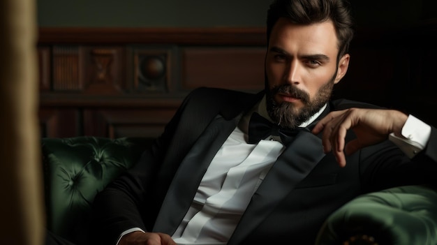 A bearded gentleman in a black tuxedo lounges in an opulent green leather armchair exuding power and grace