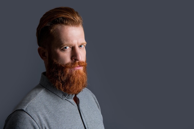 Bearded guy face has beard bearded guy with long beard isolated on grey background