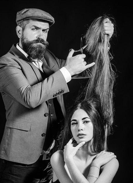 Bearded Hairdresser make fashion hairstyle