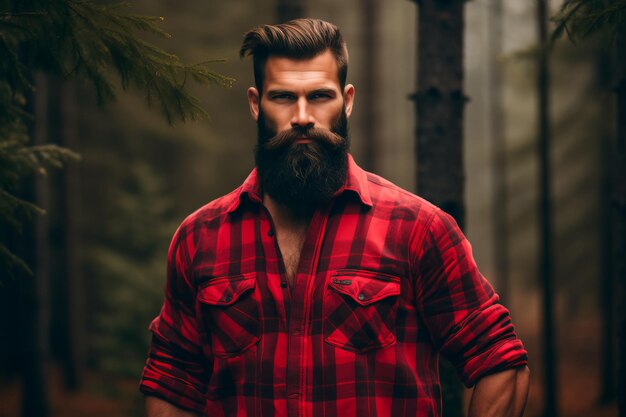 Bearded handsome lumberjack in a forest clad in a red checked shirt Bright image