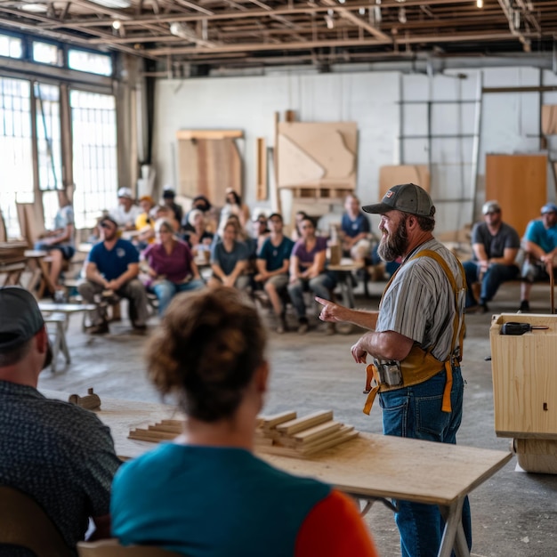 Photo a bearded instructor teaching a woodworking class in a workshop