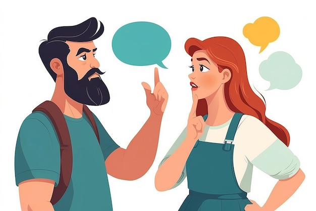 Photo bearded male talking to female with speech bubbles vector flat illustration angry couple discussing each other isolated on white background irritating woman and man having conversation