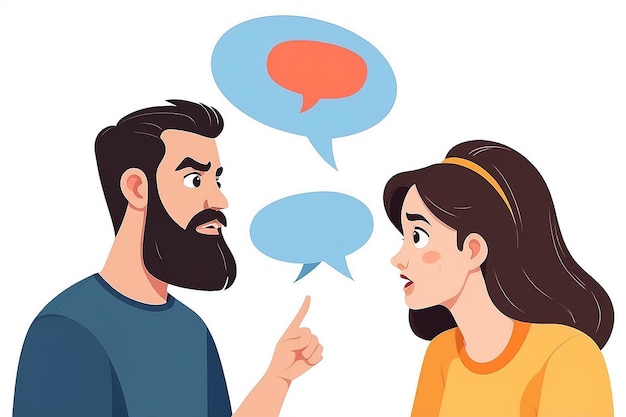 Bearded male talking to female with speech bubbles vector flat illustration Angry couple discussing each other isolated on white background Irritating woman and man having conversation