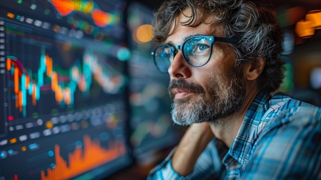 A Bearded Man Analyzes Stock Market Data On A Computer Screen At Night