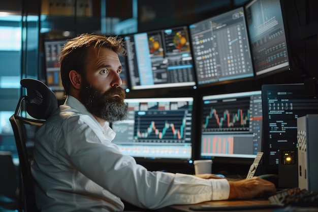 Bearded man analyzing index charts in the office