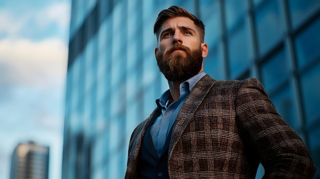 Photo a bearded man in a brown plaid jacket stands against a modern office building